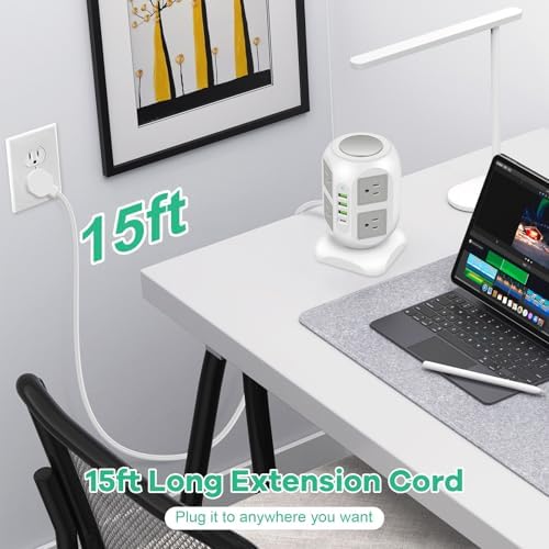 Ultimate 8-Outlet Power Strip Tower with 15 FT Extension Cord | Compact Surge Protector with 4 USB Ports & 20 W USB-C Fast Charging | Space-Saving Desk Organizer for Office & Home | Enhanced Compatibility for All Devices