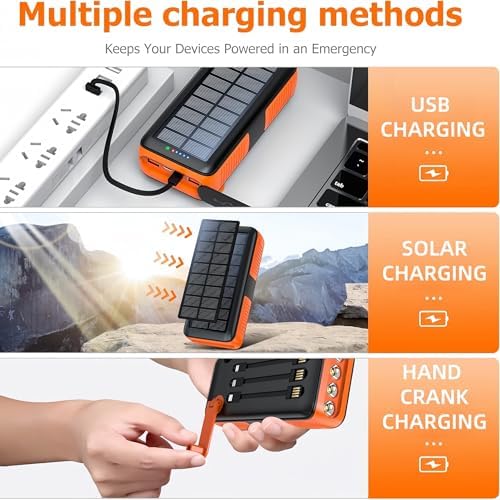 Ultimate Solar Power Bank 63200 m Ah – High-Capacity Portable Charger with Hand Crank, Dual Outputs, and 4 LED Flashlight Modes for Camping, Travel, and Emergency Use – Durable, Waterproof, and Fast Charging Compatible with All Devices