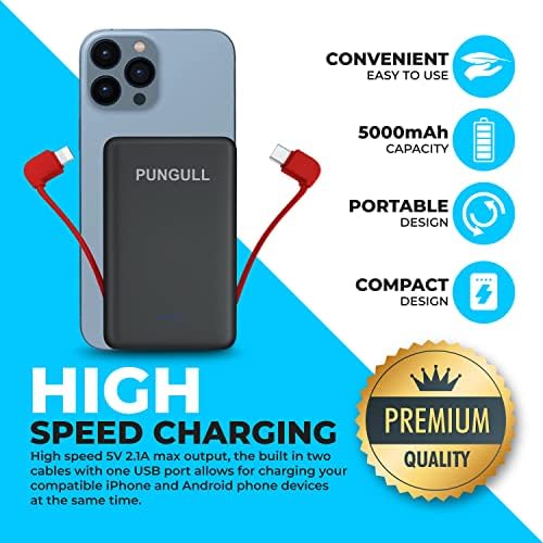 Ultra-Slim 5000 m Ah Portable Power Bank with Built-In Charging Cable – Compact and Lightweight USB-C Compatible External Battery for i Phones and Air Pods – High-Speed 5 V 2.1 A Charging for On-the-Go Convenience and Reliability
