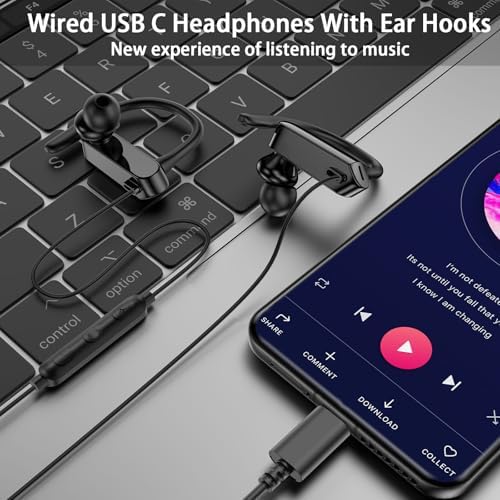 Premium USB C Over-Ear Sports Earbuds with Microphone | High-Fidelity Wired Earphones for i Phone 16 & Samsung Galaxy S25 | Ergonomic Design for Active Lifestyles | Immersive Audio & Hands-Free Calling | Perfect for Workouts and Daily Use