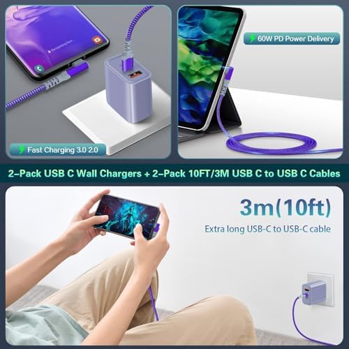 Dual Port Fast Charging Wall Adapter with 10 FT Right-Angle USB C Cable – 20 W USB-C Power Block for i Phone 16/15, Samsung Galaxy S25 Ultra, S24, S23, S10 – Efficient Charging Convenience for Home, Office, and Travel