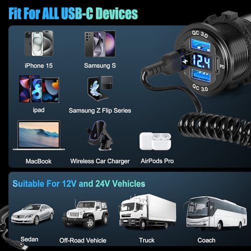 High-Power 12 V USB C Car Charger Socket with 4 Ports – Dual PD 30 W & QC 18 W for Fast Device Charging, Voltmeter Integration, Aluminum Waterproof Design, Ideal for RV, Boat, Truck, Motorcycle & More – Ultimate Travel Companion for Tech Enthusiasts