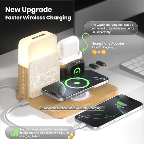 Elevate Your Nightstand with the 7-in-1 Wireless Alarm Clock Charging Station – Fast Mag-Safe Charger for i Phone 12-16 Pro Max, Apple Watch & Air Pods, Features Adjustable Night Light and Sleek Time Display for Ultimate Bedroom Convenience