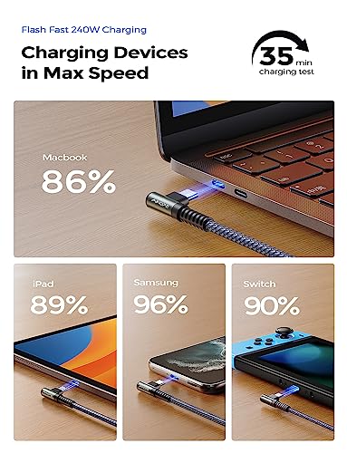 Optimize your charging setup with the AINOPE 240 W USB C to USB C Cable, a 6-foot powerhouse engineered for ultimate speed and flexibility. Featuring a right-angle connector, this fast charging cable is perfect for gaming or multitasking without the clutter of tangled cords. Compatible with the latest devices, including i Phone 16 Pro Max, i Phone 15, Mac Book Air/Pro, i Pad Pro, Samsung Galaxy, and Pixel, it delivers an impressive 240 W power output for rapid charging. The dual-pack offers exceptional value, ensuring you have a reliable charging solution wherever you go. Built with premium materials for durability, the sleek grey and blue design enhances your tech aesthetic while providing long-lasting performance. Elevate your device charging experience with this versatile cable, designed for both home and office use, while ensuring seamless connectivity across all your electronics.