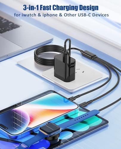 Ultimate 3-in-1 Fast Charging Cable for Apple Devices – 20 W USB-C Charger with 6 FT Length for Seamless Compatibility with Apple Watch Ultra2/SE/10/9/8/7/6/5/4/3 & i Phone 15/16 Pro Max/14/13/12/11 – Elegant White Design for Effortless Organization and Rapid Charging Efficiency