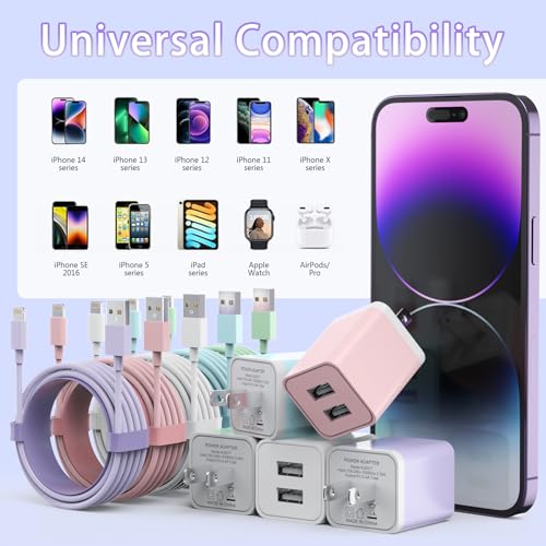 i GENJUN 5-Pack i Phone Charger Set – Dual Port USB Wall Adapter with 6 FT Lightning Cables for Fast Charging & Data Sync – Compatible with i Phone 14, 13, 12, 11 Pro Max, XR, XS Plus – Sleek Beige Design for Modern Convenience