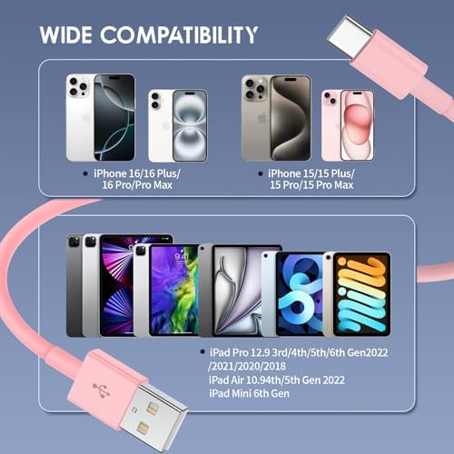 Car Carplay Cable for iPhone 15/16 Car Charger Cable,4Pack USB A to USB C for Carplay USB C Cord,iPhone 16/15/Plus/Pro Max,iPad Pro 12.9/11,Air 5th/4th Gen,Mini 6th Gen/Car Charging Cable 3FT – Enhanced Compatibility and Speed