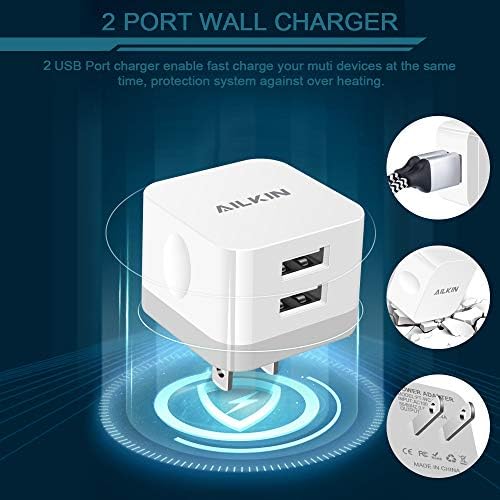 AILKIN Dual Port USB Wall Charger Pack – 2.4 A Fast Charging Power Cube for i Phone 15/14/13/12 Pro Max & Samsung Devices – Compact Travel Adapter for Simultaneous Device Charging – Sleek White Design for Home & Office Use