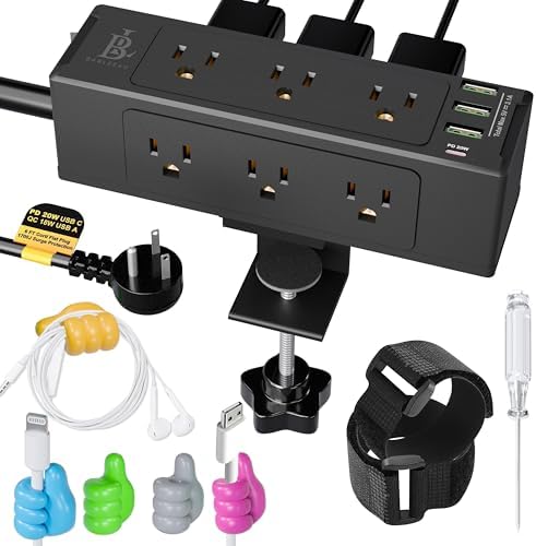 Maximize Workspace Efficiency with the 9-Outlet Desk Clamp Power Strip – Ultimate Mountable Surge Protector Featuring Fast Charging USB & USB-C Ports, 6 ft Extension Cord for Home Office Convenience, Sleek White Design for Enhanced Aesthetics and Functionality