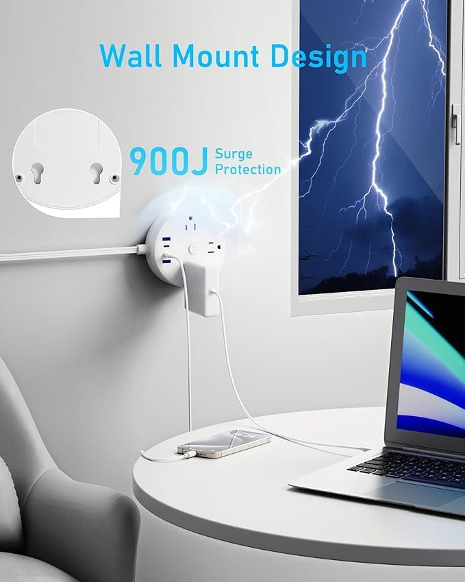 Yozisital PD 20 W 2 Prong Power Strip with 10 FT Extension Cord – 6 Outlets & 4 USB Ports (2 USB-C) for Rapid Charging, 180° Rotating Plug, Surge Protection – Perfect Solution for Older Homes with Limited Outlets