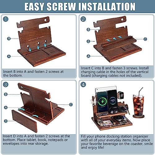 Premium Black Wood Multi-Device Docking Station – Sleek Nightstand Organizer with Hidden Drawer for Valuables, Ideal for Phones, Tablets, Apple Watch, Keys, and EDC Essentials – Streamlined Charging and Elegant Design for Home or Office