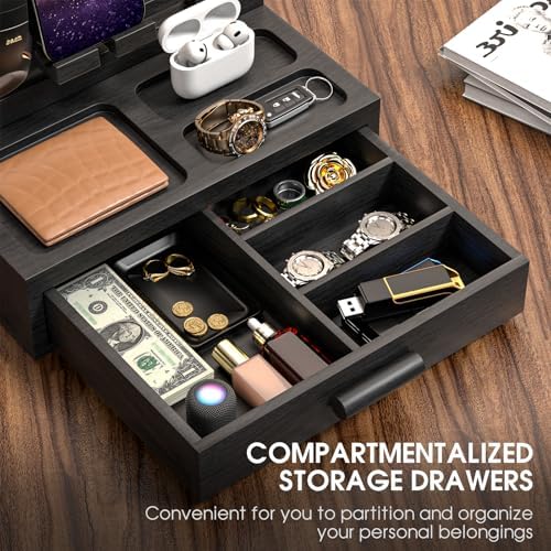 melafa365 Nightstand Organizer for Men,Phone Docking Station with Cable Management,Night Stand with Drawer,Bedside Organizer for Watches,Keys,Wallets,Gifts for Men(Wood) – Enhanced Compatibility and Speed