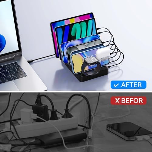 Catlyn 6-Port Fast Charging Station with 90 W Power Output – Multi-Device Organizer Dock with 8 Mixed Charger Cables for Seamless Home and Office Use – Compatible with i Phone, i Pad, Kindle & More – Compact Design for Clutter-Free Charging