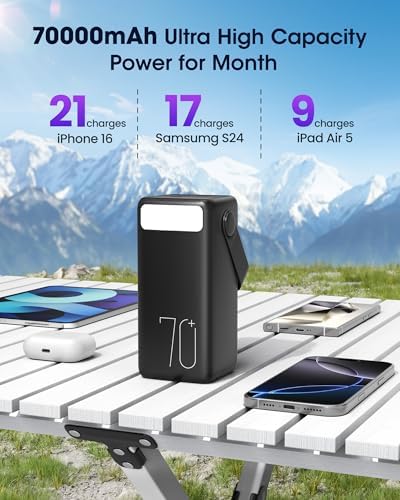 Ultra High-Capacity 70000 m Ah Power Bank – 22.5 W Fast Charging Portable Charger with LED Display & Built-In Flashlight – Ideal for Camping, Travel, and Emergency Use – Multiple Outputs for i Phone, Samsung, i Pad, and More – Stay Connected Anywhere with Long-Lasting Power Solution – Lightweight Design with Convenient Carry Strap and Real-Time Power Monitor – Comprehensive Safety Features Including Overcharge and Short Circuit Protection – Perfect for Outdoor Adventures and Unexpected Power Outages – Includes USB-C Charging Cable and 2-Year Customer Support for Peace of Mind
