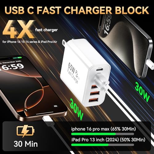Maximize Your Charging Potential with the 65 W Multi-Port USB C Power Adapter – 6-in-1 Fast Charger for i Phone 16/15/14/13/12/Pro Max, i Pad Pro/Air, and Samsung Galaxy S25 – Unmatched Speed and Safety for Effortless On-the-Go Device Management