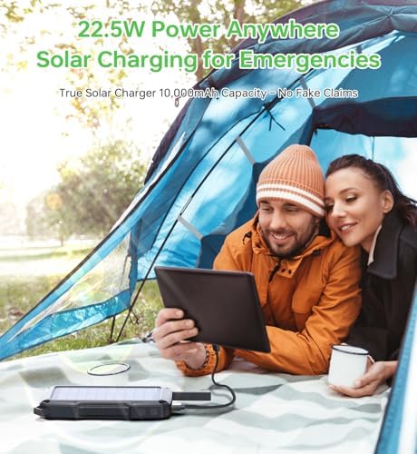 10,000 m Ah Solar Power Bank with Motion Sensor Alarm – 22.5 W Dual USB-C Fast Charging, Waterproof & Rugged for Outdoor Adventures – Includes LED Flashlight & Essential Cables for Hiking, Camping, and Emergencies