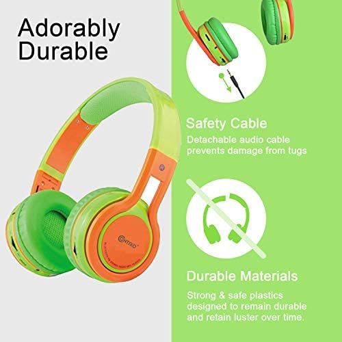 Vibrant Contixo KB-2600 Kids Bluetooth Headphones – Safe 85 d B Volume Limiting Over-Ear Design with Built-in Mic, FM Radio & Micro SD Slot – Portable Foldable Fun in Eye-Catching Green & Orange for Ultimate Audio Adventure