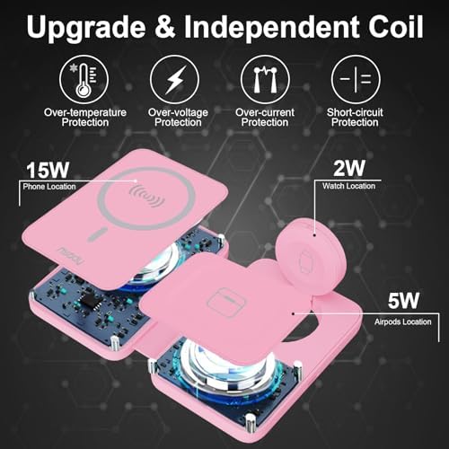 Miady 3-in-1 Magnetic Wireless Charging Station – Ultra-Fast 18 W Travel Charger for i Phone 15/14/13/12 Pro Max, Apple Watch Series Ultra/8/7/6/5/4/3/2/SE, and Air Pods 3/2 – Compact, Portable Design for Effortless Charging and Unmatched Device Compatibility