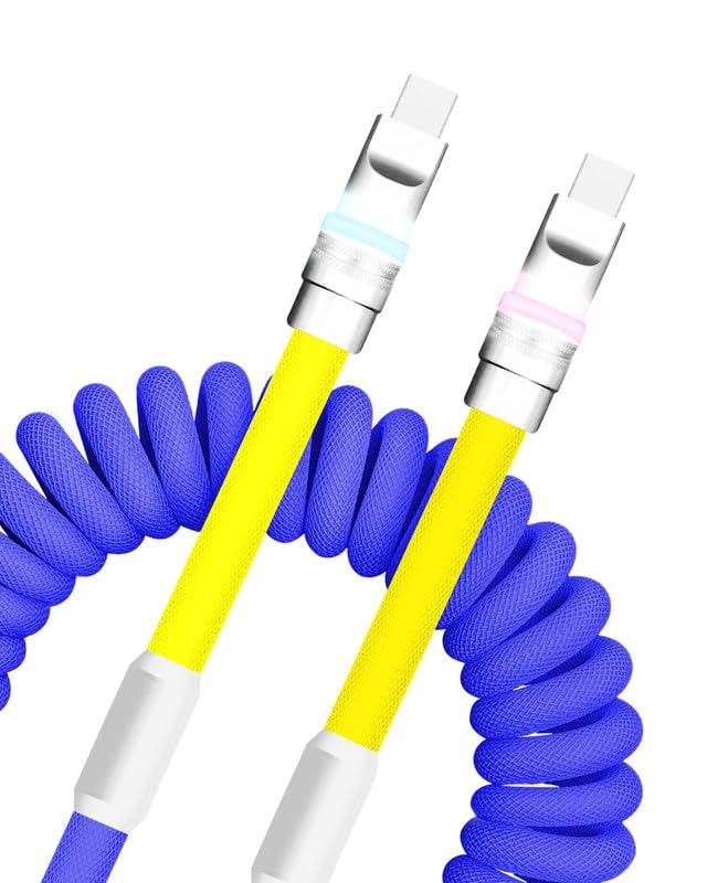 Neon Chubby Spiral Charge Cable – Vibrant 2.29-3.6 FT Type-C Coiled Charger for USB-C and Carplay Devices, Fast Sync and Charge, Tangle-Free Design in Bold Purple and Light Green, Perfect for Smartphones and Tablets