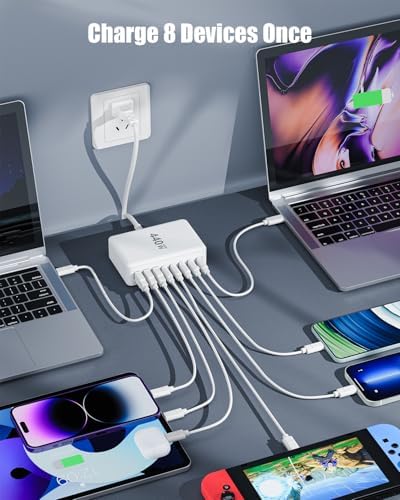 Powerful 440 W Ga N III USB-C Charging Hub with 8 Ports – Fast Multi-Device Charger for Mac Book Pro, i Phone 16/15, Samsung Galaxy & Dell – Versatile Charging Station with 5 ft Extension Cord for Ultimate Convenience and Efficiency