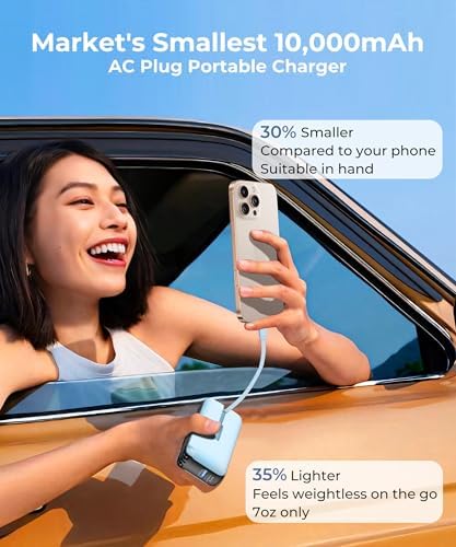 Ultimate 10,000 m Ah Portable Charger with Built-in USB-C Cable & Plug – Fast 22.5 W Power Bank for Seamless Charging of i Phone 16/15, Samsung Galaxy & i Pad – Compact Travel Essential with Triple Output Ports for Maximum Device Compatibility