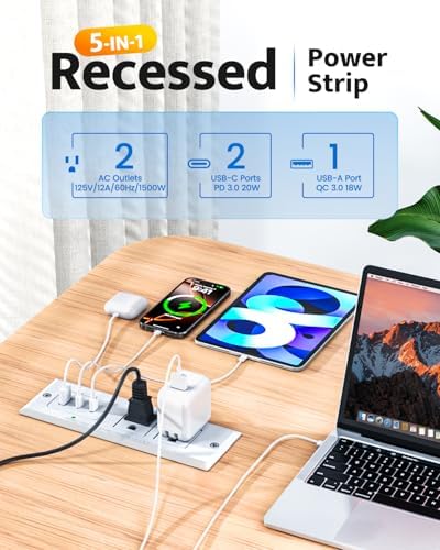 Sleek Recessed Power Strip with 20 W USB-C Fast Charger & USB-A Port – Space-Saving Desk Outlet for Effortless Device Charging, 6 ft Cord & 45° Slim Plug for Easy Access in Furniture – Ideal for Home Office and Conference Rooms