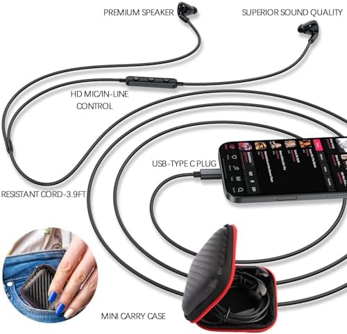 High-Fidelity USB C Earbuds with Ergonomic Design & Integrated Mic – Premium Sound Quality for Samsung S25 Ultra, i Phone 16, Pixel 9, and More – Magnetic Carry Case for Effortless Portability & Enhanced Compatibility – Perfect for Music Lovers & Professionals