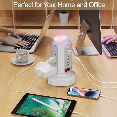 Maximize Your Power Potential with the 15-Outlet Surge Protector Tower Featuring 6 Fast-Charging USB Ports and LED Night Light – Retractable Heavy-Duty Extension Cord with Right Flat Plug for Effortless Accessibility and Enhanced Device Compatibility – Ideal Charging Station for Home and Office Use