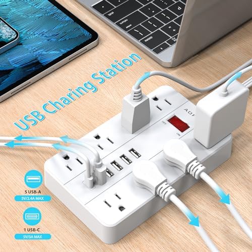 Compact Surge Protector Power Strip with 8 Outlets & 6 USB Ports – AOFO 5 ft Flat Extension Cord for Travel, Office & Dorm – Durable Design with USB-C Fast Charging, Enhanced Safety & Space Efficiency