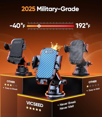 VICSEED Military-Grade Adjustable Phone Holder for Cars – Unmatched 95+ lbs Suction Power for Secure Dashboard, Windshield & Vent Mounting – Universal Compatibility with i Phone & Android – Ultimate Convenience for Safe Driving