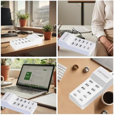 10-Port USB Charging Station – Fast Charging Dock with 6 USB-A & 4 USB-C Ports for Phones, Tablets, and Smartwatches – Sleek White Multi-Device Charger for Home and Office Efficiency