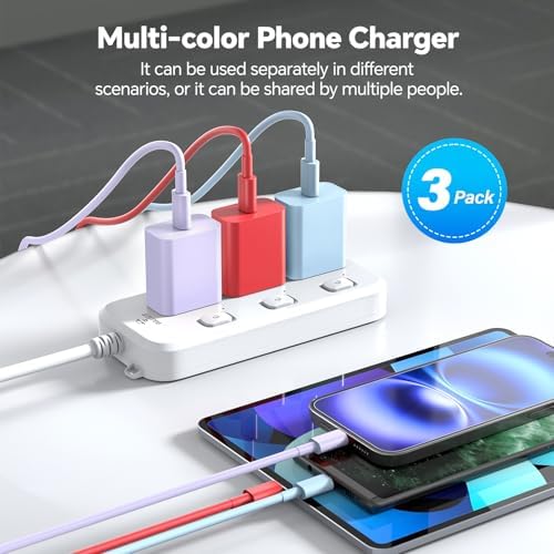 Ultimate 3-Pack i Phone Fast Charger Set: 20 W USB-C Power Blocks with 10 FT Cables – Stylish Purple, Red, and Blue for i Phone 15/16 Pro/Max/Plus – Enhanced Speed and Durability for All Your Charging Needs