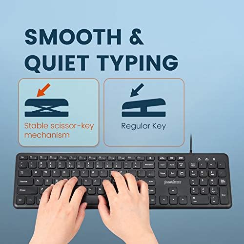 Perixx PERIBOARD-210 Wired Full-Size USB Keyboard – Ultra-Quiet Scissor Keys for Effortless Typing on Desktop, Laptop, and Tablet – Sleek Black Design with Enhanced Compatibility and Ergonomic Comfort