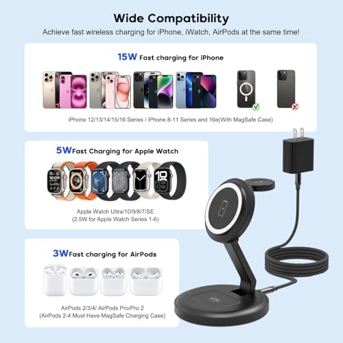 Ultimate 3-in-1 Magnetic Wireless Charging Station for Apple Devices – Foldable Design with Enhanced Magnetic Alignment for i Phone 16/15/14/13/12, Apple Watch Series 9/8/7/6/SE, and Air Pods Pro/2/3/4 – Fast Charging with 20 W PD Adapter and USB-C Cable Included – Travel-Friendly, Compact, and Efficient Power Solution for All Your Apple Gear – Experience Seamless Charging with Superior Stability and Optimized Viewing Angles, Perfect for Home, Office, or On-the-Go Use – Elevate Your Charging Experience Today!