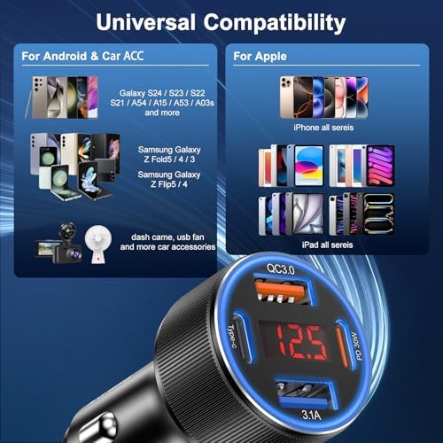 Ultimate 65 W 4-Port USB C Car Charger – Besgoods Fast Charging Adapter with Voltmeter for i Phone 16, Galaxy S24 & More – Dual Pack for Seamless Multi-Device Power, Perfect for Road Trips and Daily Commutes – Enhanced Compatibility & Rapid PD QC Charging Solutions