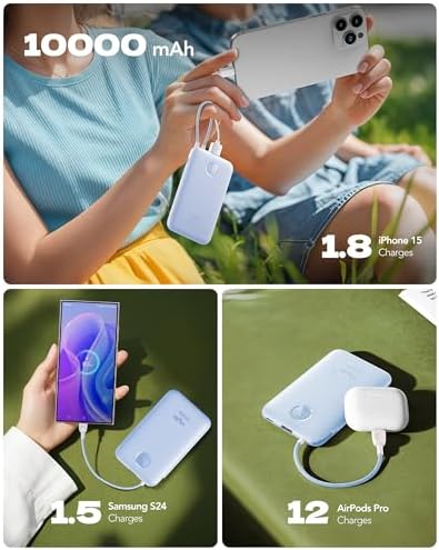 Slim Pink Portable Charger 10000 m Ah – USB-C Power Bank with Built-in Cable & LED Display for Fast Charging – Travel-Friendly Battery Pack Compatible with i Phone 16, 15, Samsung S24, S23 – Ultimate Convenience & Style