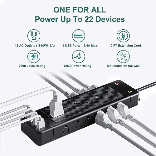 Yostyle 18-Outlet Surge Protector Power Strip with Smart USB Fast Charging | Heavy-Duty 10 Ft Extension Cord | Wall-Mountable for Space Efficiency | Advanced Safety Features for Home and Office Use