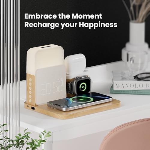 Elevate Your Nightstand with the 7-in-1 Wireless Alarm Clock Charging Station – Fast Mag-Safe Charger for i Phone 12-16 Pro Max, Apple Watch & Air Pods, Features Adjustable Night Light and Sleek Time Display for Ultimate Bedroom Convenience