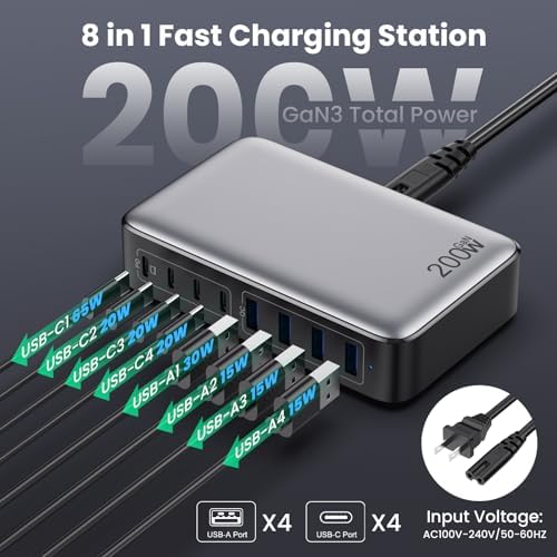 Powerful 200 W Ga N III USB C Multi-Device Charging Hub – 8-Port Rapid Charger for Mac Book Pro/Air, DELL, i Phone 16/15/14, Galaxy S23/22 – PD 65 W Laptop Adapter for Effortless Portability and Enhanced Connectivity Solutions