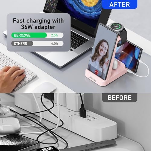 Sleek Pink 5-in-1 Wireless Charging Station for Samsung Devices – Fast Charge Your Galaxy Watch Ultra 7 6 5 4 3, Galaxy S25 S24 Ultra S23 S22 S21, Note 20 10, Z Fold & Buds – Ultimate Convenience and Style for Home or Office Use