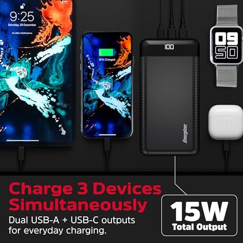 Energizer 20000 m Ah Power Bank: Ultra-Portable Fast Charging Battery Pack with LCD Display for i Phone 16/15/14/13/12 and Android Devices – Dual USB Output for Simultaneous Charging, Lightweight Design for Travel and Daily Use