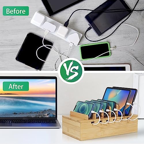 Eco-Friendly Bamboo Multi-Device Charging Station – Stylish Desk Organizer with 6 Premium Cables for i Phone & More – Efficient Quick Charge Hub for a Clutter-Free Workspace