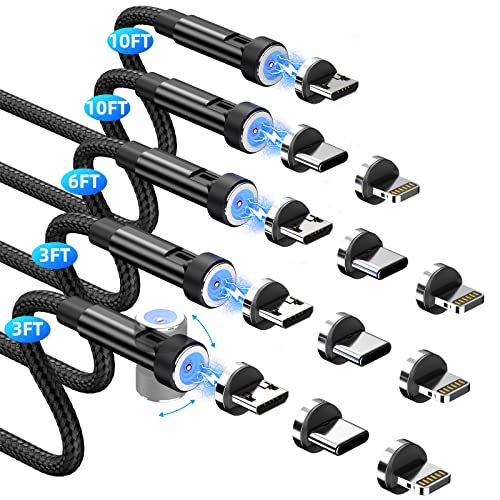 Revolutionary 3-in-1 Magnetic Phone Charger Set – 5-Pack Rotating Nylon Braided Cables with LED Indicators, Perfect for Micro-USB, USB C, and i-Devices – Ultimate Durability and Versatile Charging Solution in Sleek Black