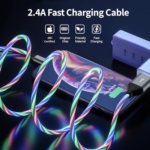 Illuminate Your Charging Experience: 6 ft LED Light-Up MFi Certified i Phone Charger Cable – Fast Charging for i Phone 14, 13, 12, 11 Pro Max, XR, X, SE, 8 Plus, i Pad & i Pod (Vibrant Purple) – Stylish, Durable, and Convenient Performance