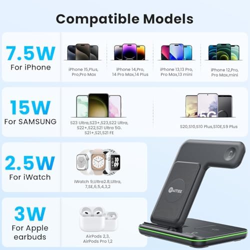 WAITIEE 3-in-1 Wireless Charging Station for i Phone, Apple Watch & Air Pods – Fast, Stylish Blue Charger with Enhanced Compatibility for i Phone 16, 15, 14, 13, 12, 11, X, 8 & Air Pods Pro – Ultimate Travel-Friendly Charging Solution with Safety Features