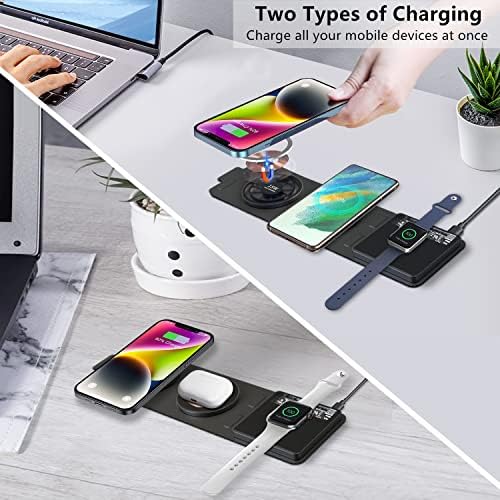 Revolutionize Your Charging Experience with the Dual 15 W Foldable Magnetic Wireless Charger – 3-in-1 Travel Essential for i Phone, Samsung, Apple Watch, and Air Pods – Fast, Efficient, and Universally Compatible with Mag Safe Devices for On-the-Go Power