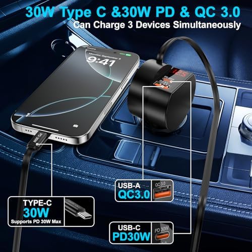 Dual-Port Retractable Car Charger Bundle – 3-in-1 Fast Charging Solution for i Phone 16/15 Pro Max, Samsung Galaxy, i Pad, and Pixel – Tangle-Free USB-C and USB-A Adapter for Ultimate Convenience on the Road