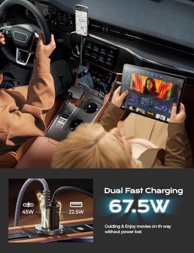 Compact AINOPE 67.5 W USB-C Car Charger – Fast Charging Dual Port QC3.0 Adapter for i Phone 16 & Samsung Galaxy – Mini Cigarette Lighter Accessory in Stylish Purple for Efficient On-the-Go Power Solutions