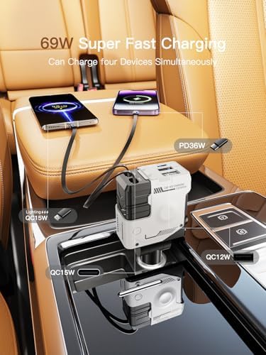 Ultimate 69 W Retractable 4-in-1 Fast Car Charger for i Phone 12-16 | Sleek White Design, Multi-Device Compatibility, Ideal Valentine’s Gift for Tech Lovers | Efficient, Tidy, and Safe Charging on the Go