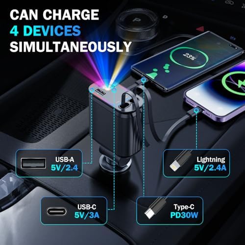 Starlight Enhanced 66 W USB-C Fast Car Charger – 4-in-1 Retractable Adapter with Dual USB Ports for i Phone 16/15/14/13/12/11 & Android Devices – Ultimate Convenience for On-the-Go Charging in Sleek Black Finish